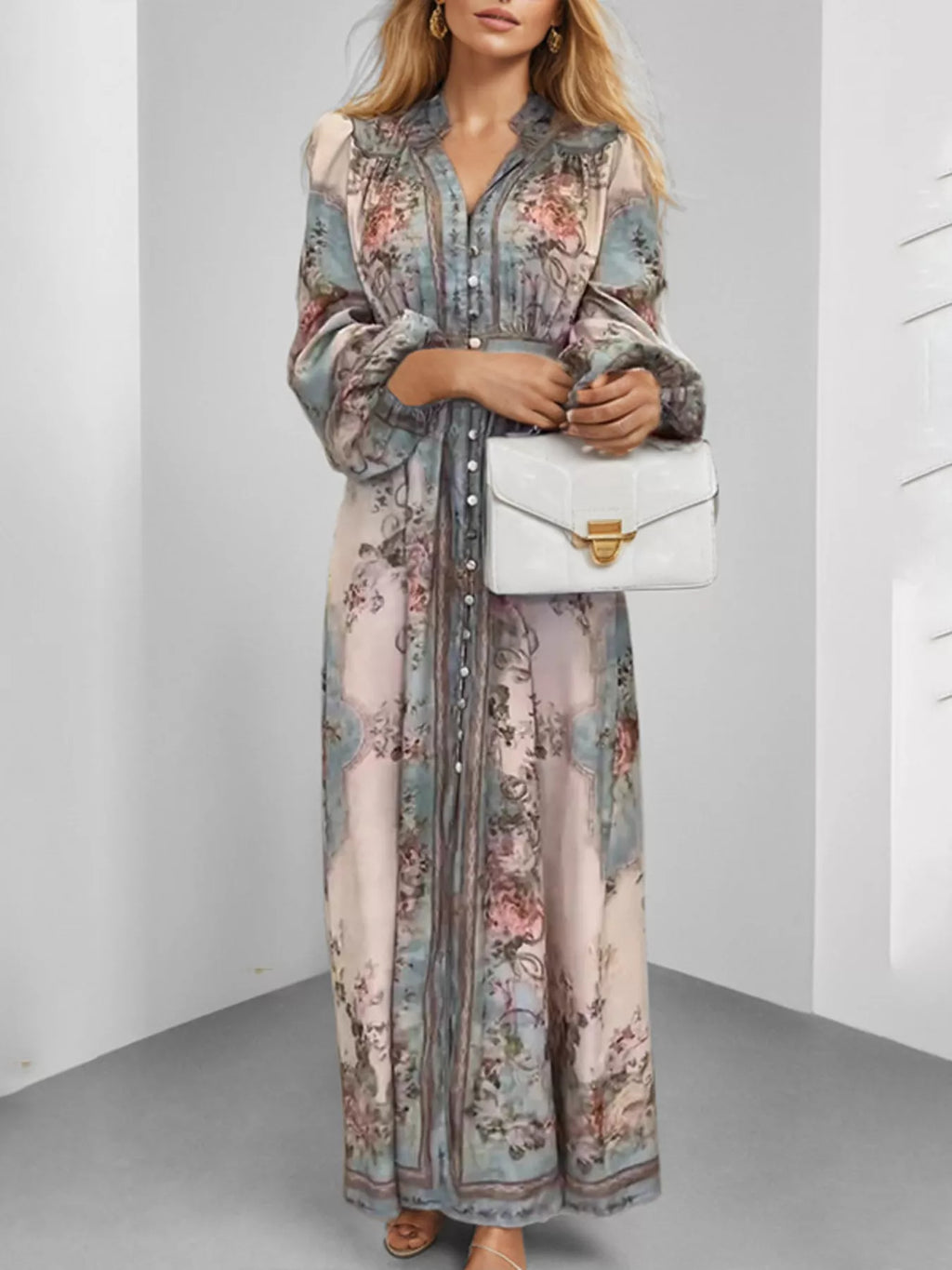 Full Size Floral Print Maxi Dress with Puff Sleeves Plus Size - Lilixa.store