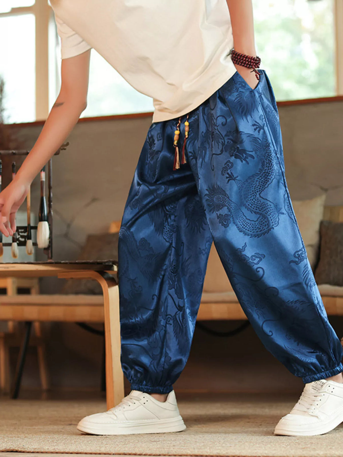 Men's Plus Size Dragon Pattern Silk Harem Pants, view 2