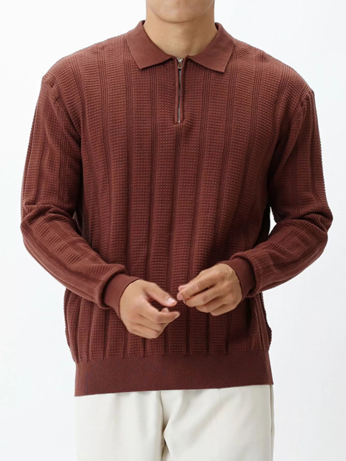 Men's Plus Size Ribbed Quarter-Zip Sweater in Light Brown