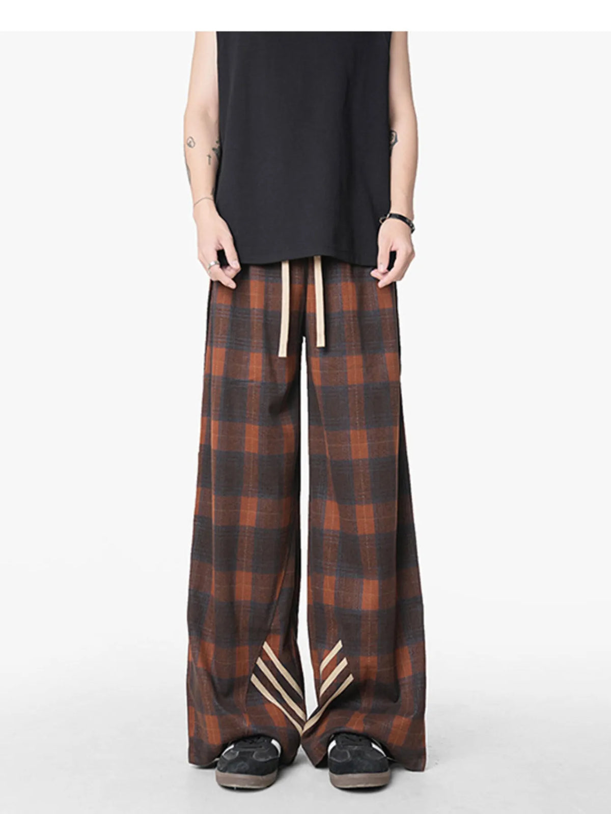 Men's Plaid Wide Leg Casual Pants in Dark Coffee