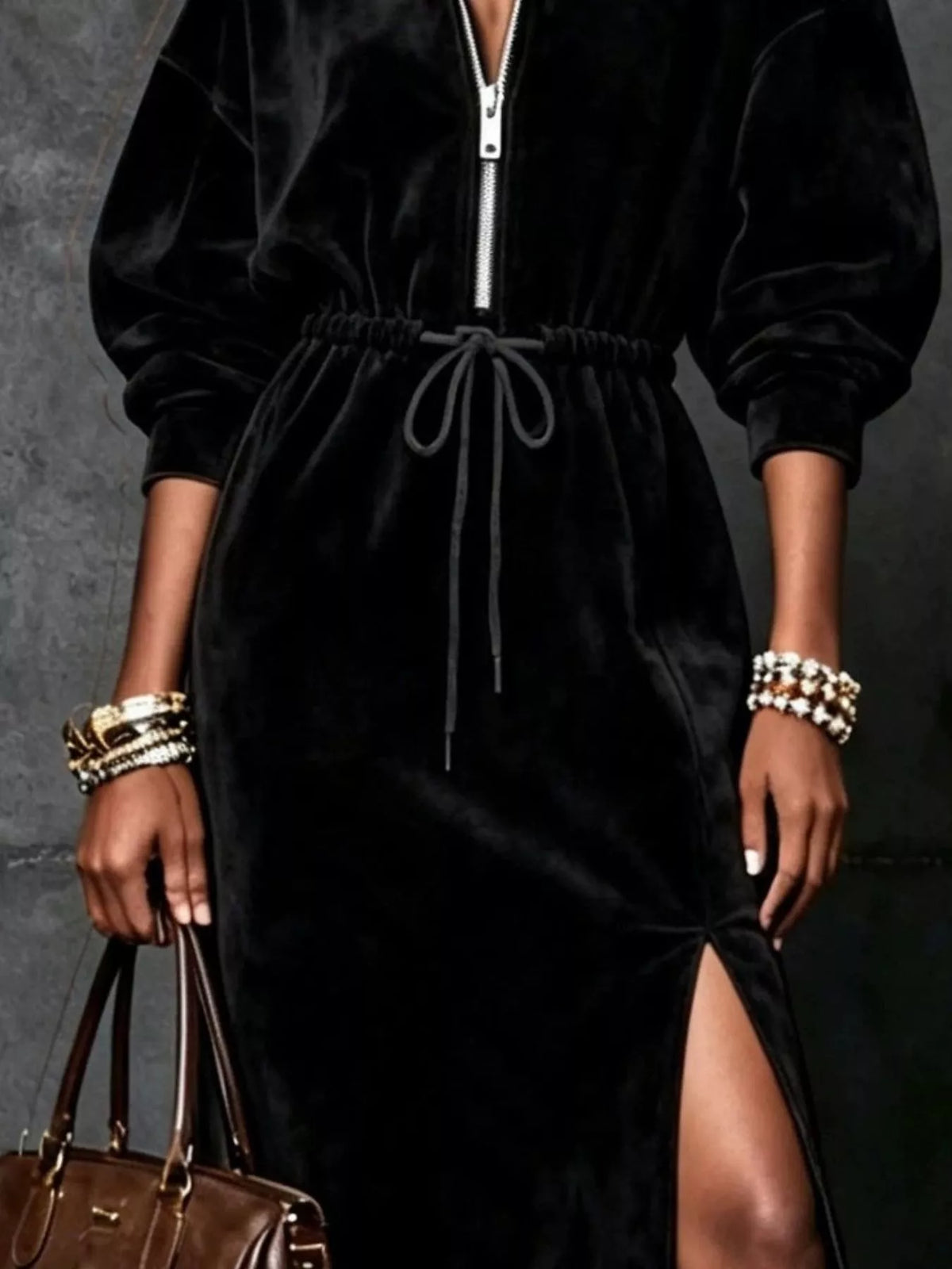 Drawstring Waist Zip-Front Midi Dress