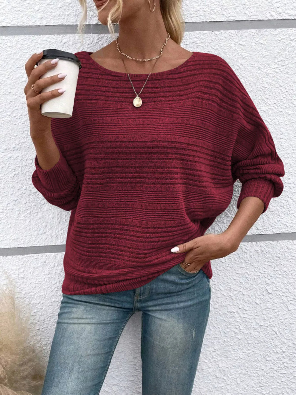 Ribbed Round Neck Long Sleeve Top - Lilixa.store