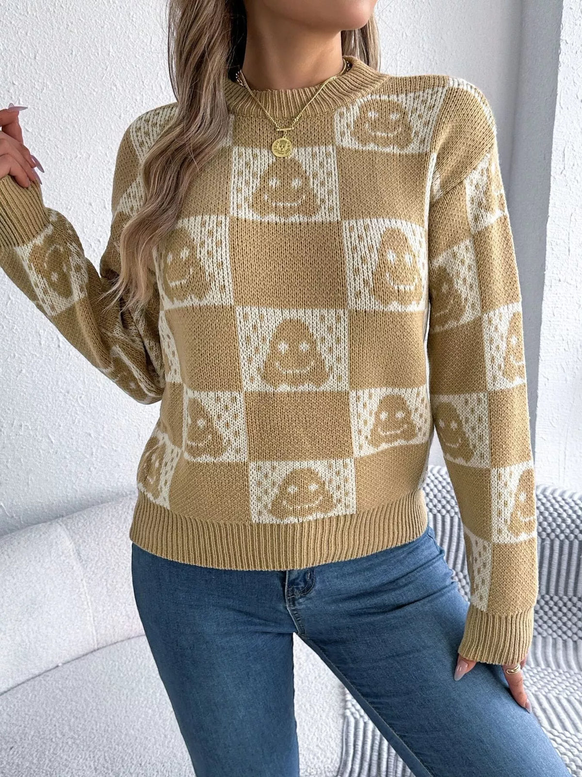 Checkerboard Halloween Graphic Sweater