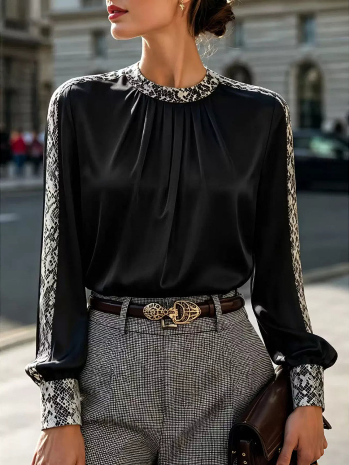 Snake Print Contrast Trim Satin Blouse in Black