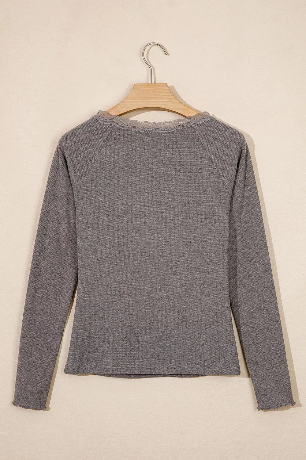 Solid Color Ribbed Lace Trim V-Neck Button Detail Long Sleeve Top
