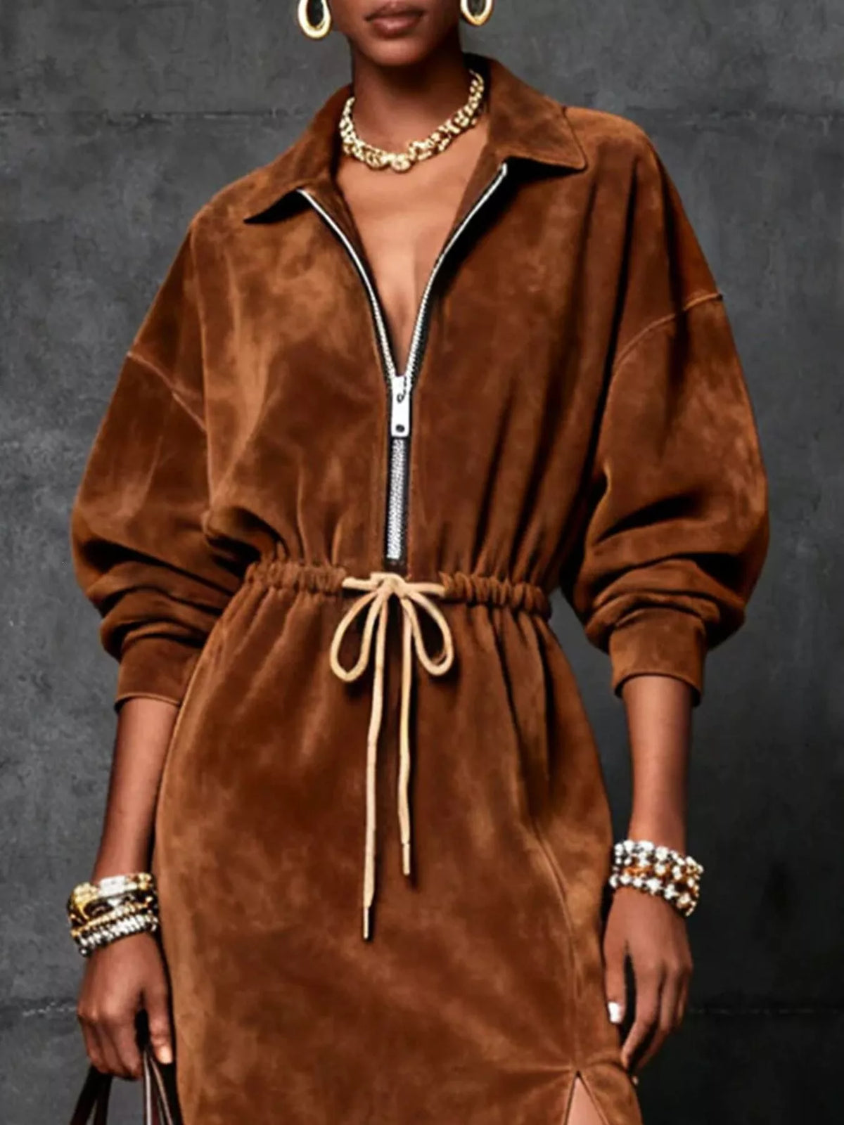 Drawstring Waist Zip-Front Midi Dress