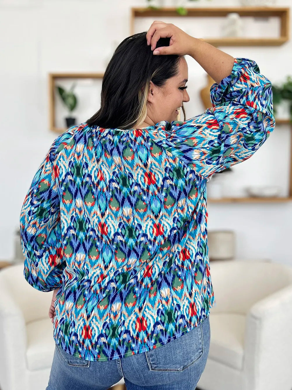 Double Take Full Size Printed Balloon Sleeve Blouse - Lilixa.store