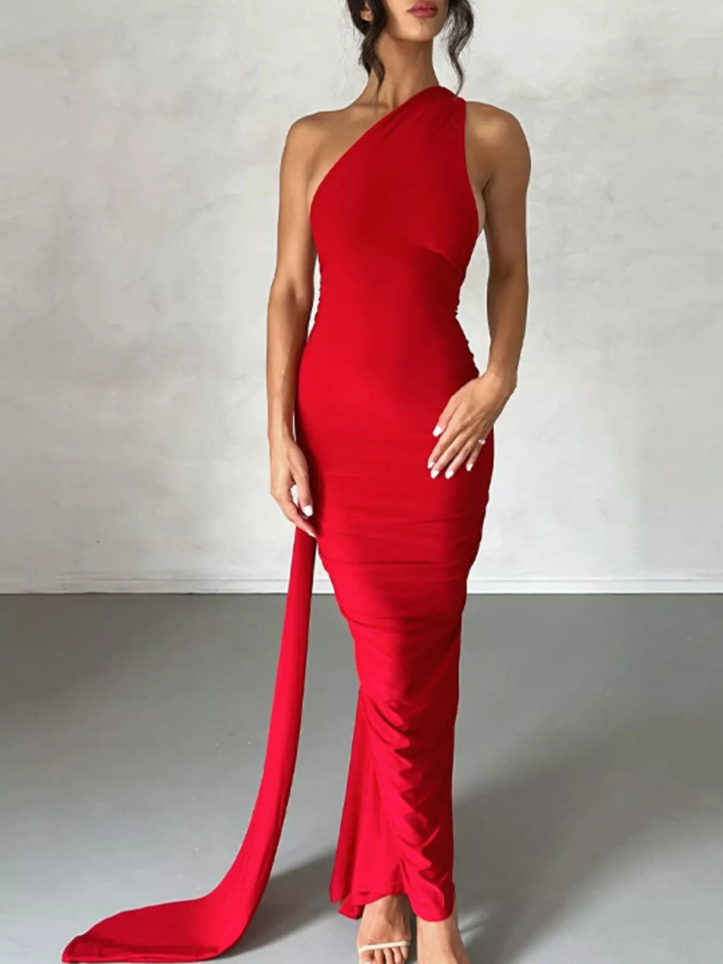 Backless One-Shoulder Ruched Bodycon Maxi Dress - Lilixa.store
