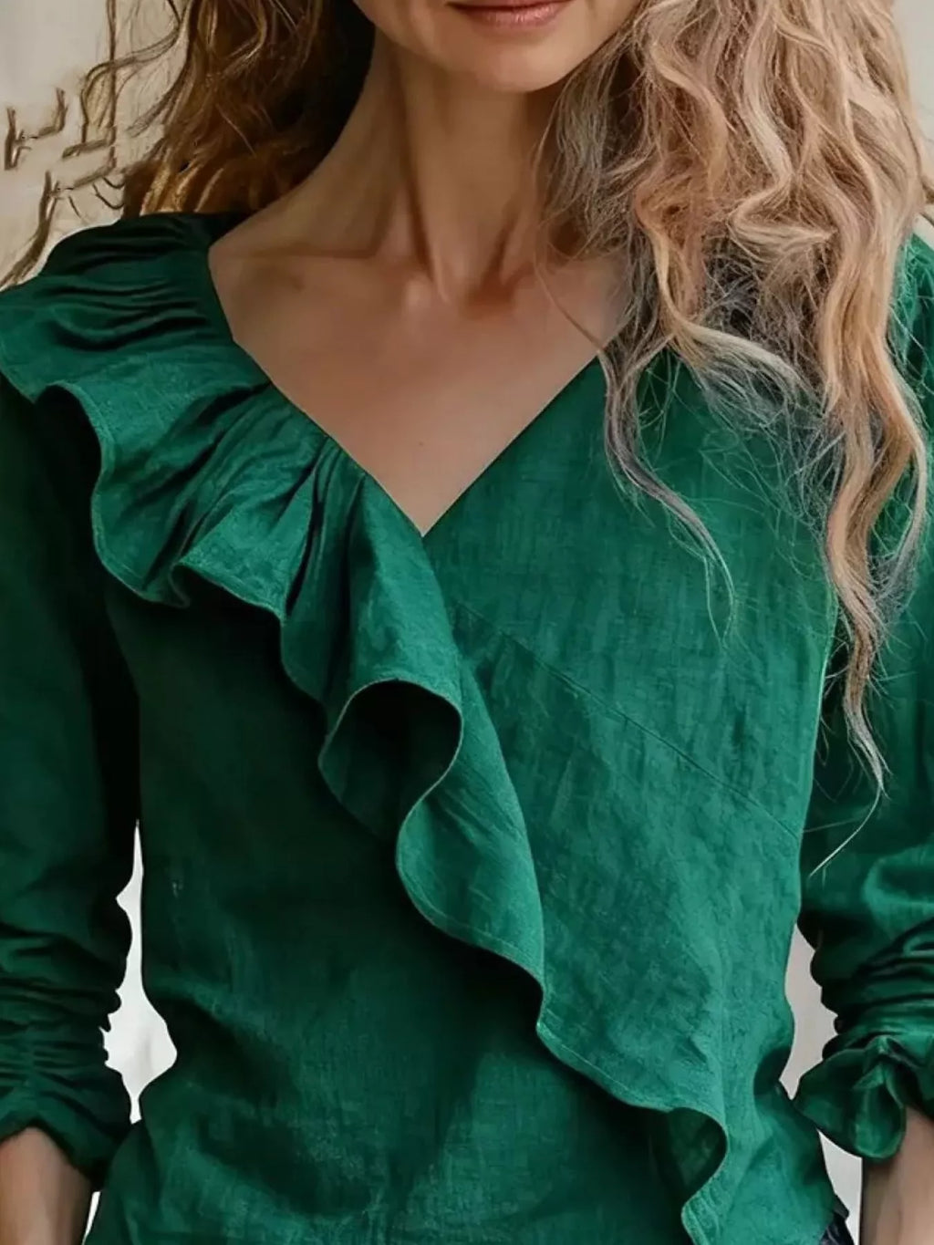 V-Neck Ruffled Long Sleeve Blouse - Lilixa.store