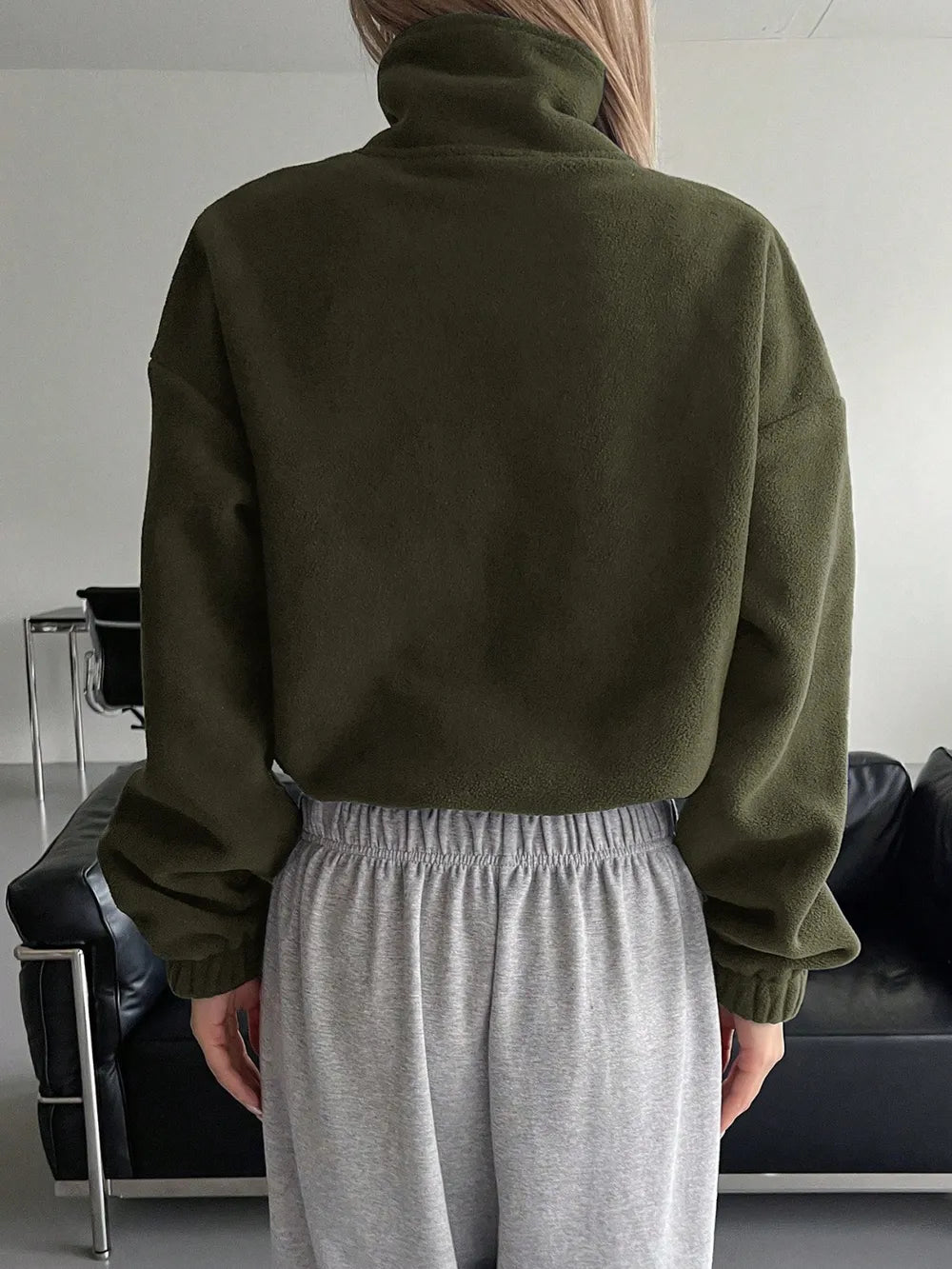 Honey Zip Up Long Sleeve Cropped Jacket in Army Green, view 2