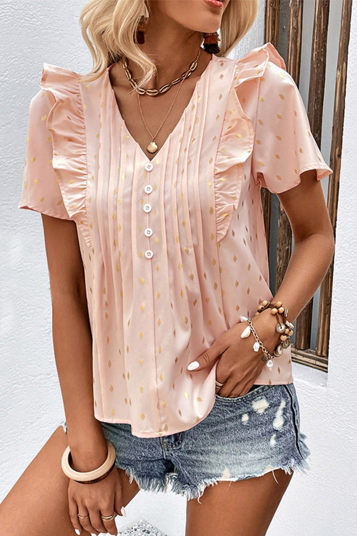 Perfee Printed Ruffle Trim Pleated Detail Blouse in Watermelon pink