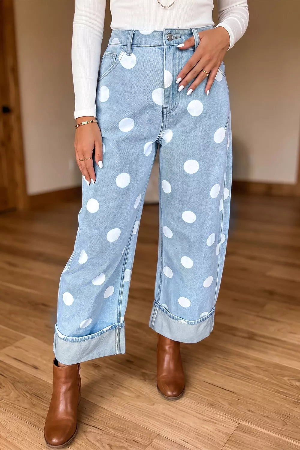Polka Dot Ankle-Length Metal Button Casual Jeans - Lilixa.store