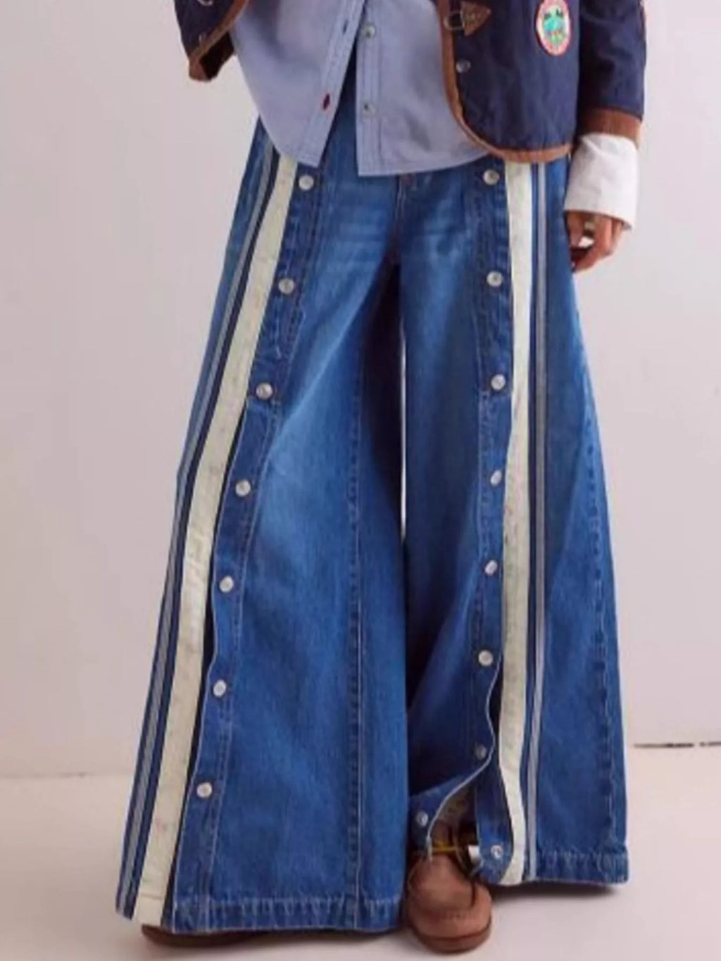 Wide-Leg Side Snap Button Jeans - Lilixa.store