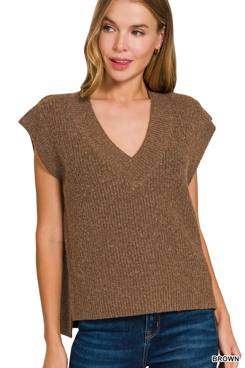 Zenana Oversized Sweater Vest with Side Slit in Brown