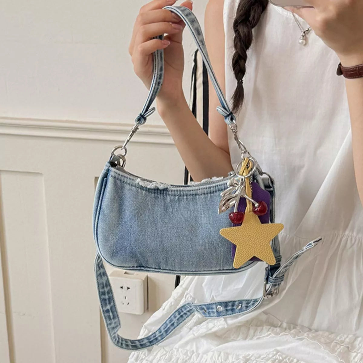 Star Charm Denim Shoulder Bag - Lilixa.store