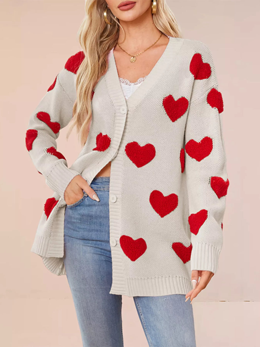 Heart Pattern V-Neck Button-Down Knit Cardigan - Lilixa.store