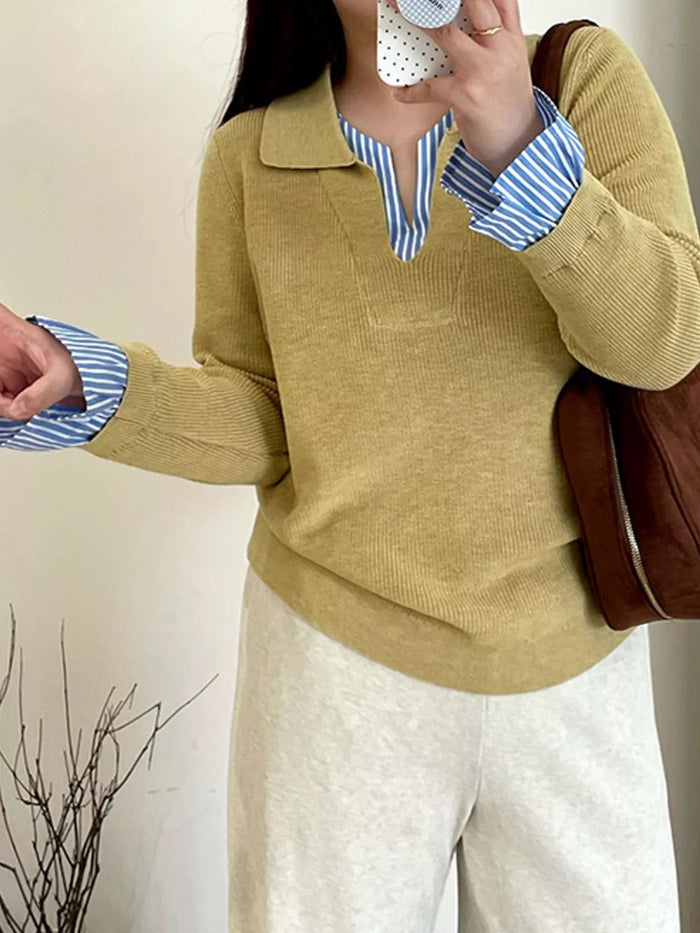 Plus Size Layered Look Striped Long Sleeve Sweater in Yellow