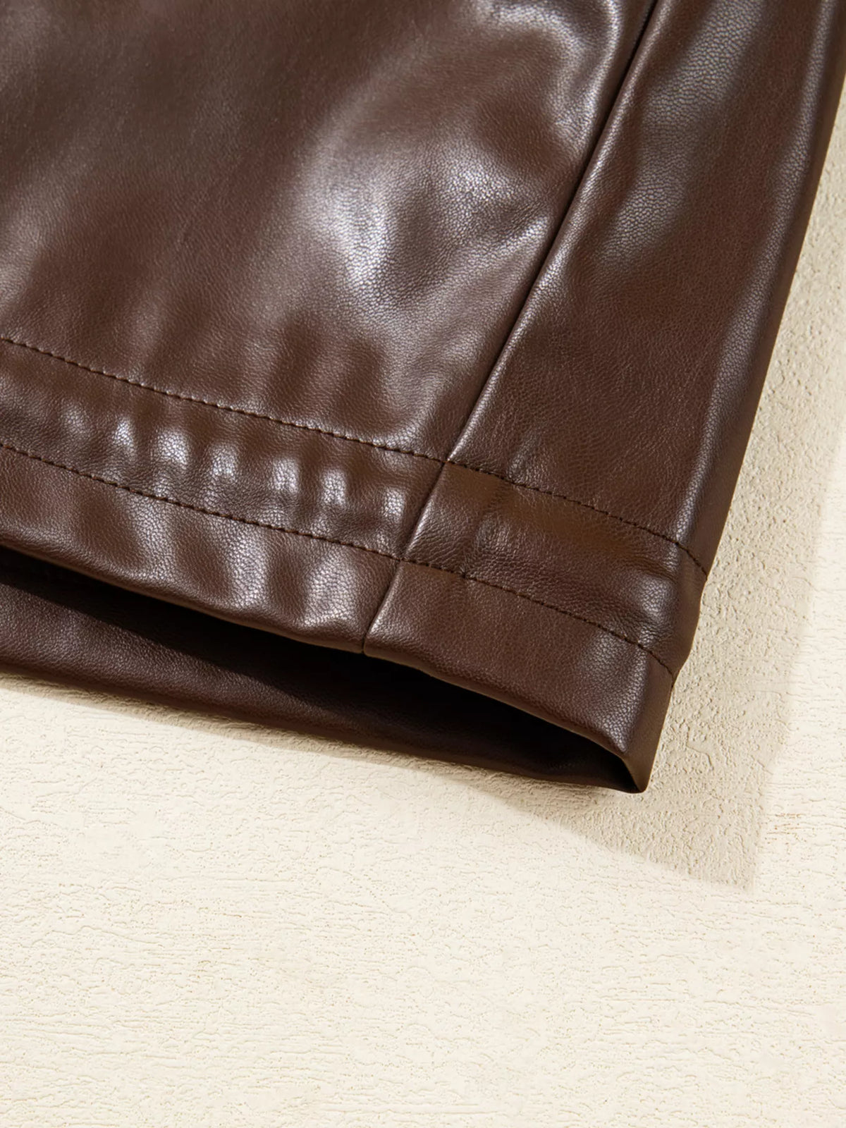 Double Flap Pocket Drawstring Hem Leather Jacket in Dark Brown, view 16