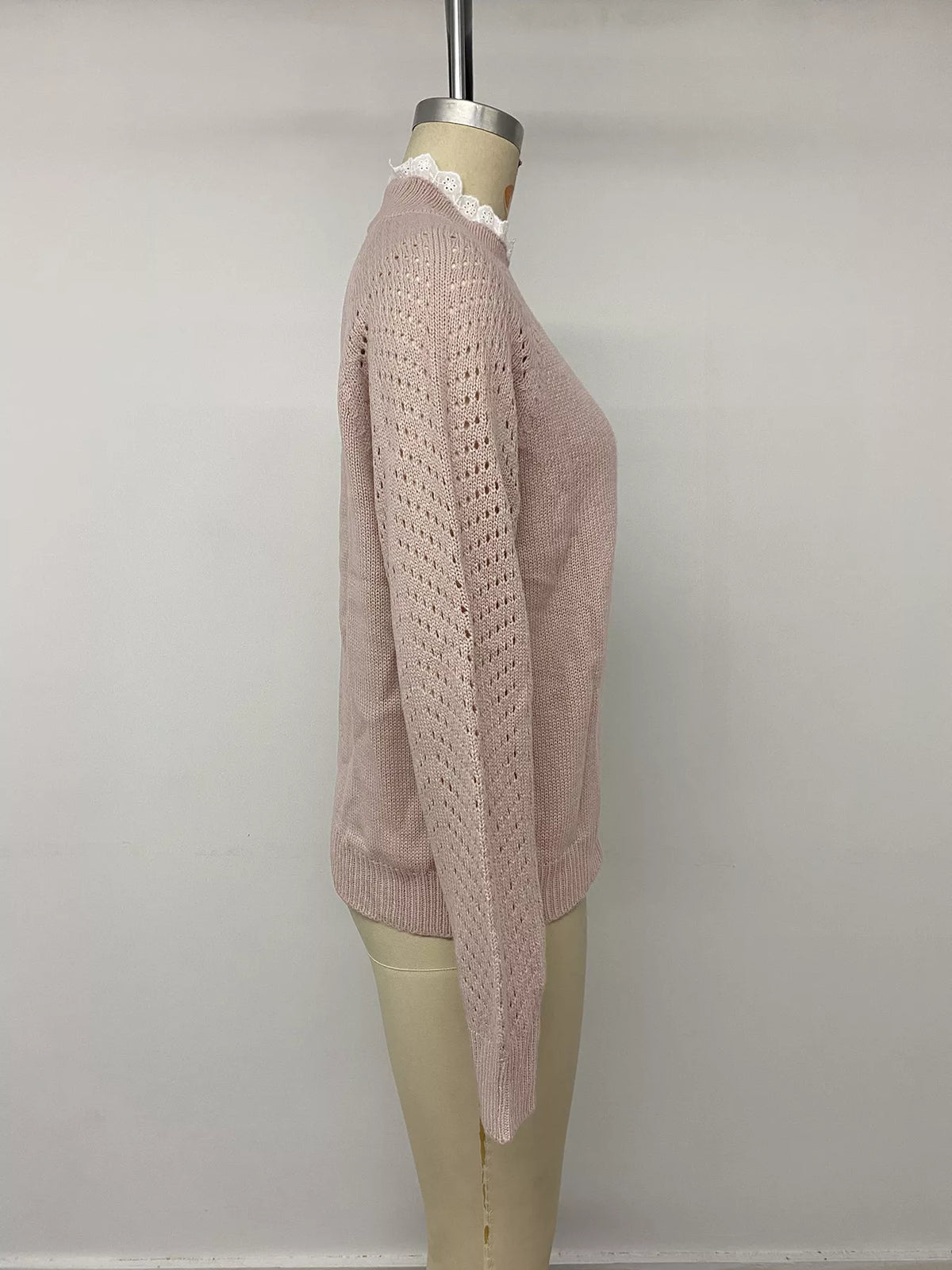 Openwork Mock Neck Sweater in Pink, view 12