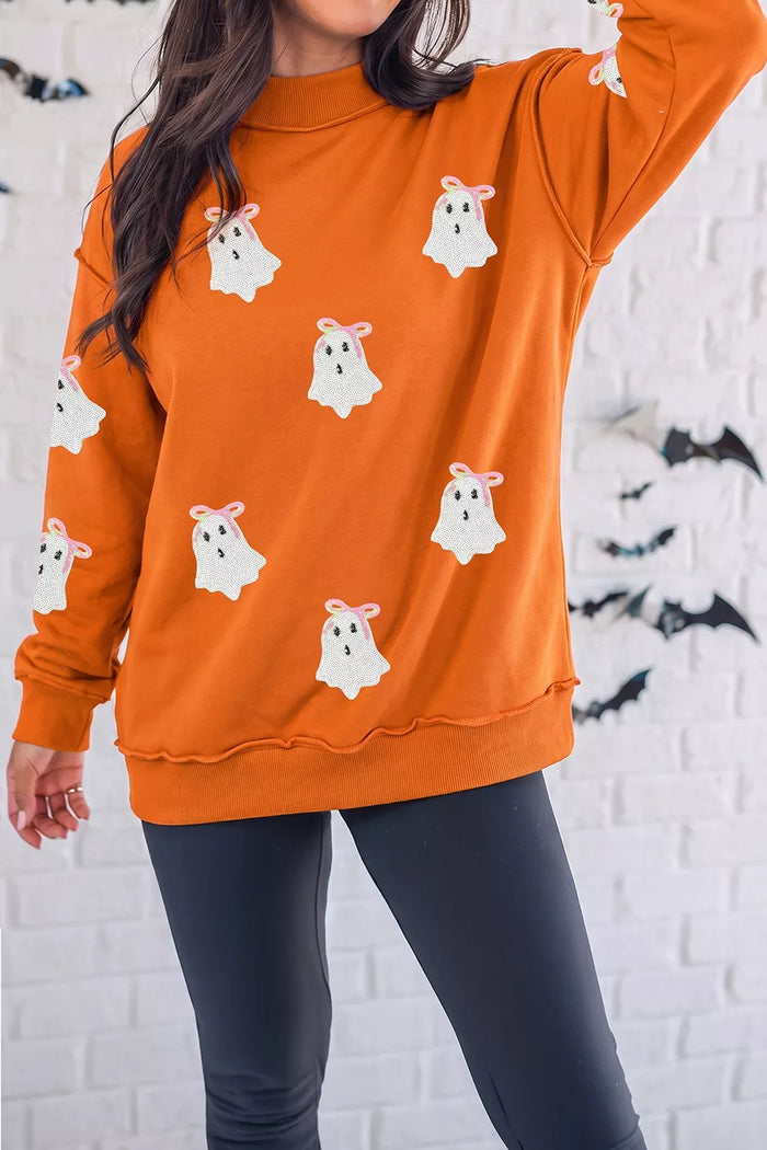 Sequin Ghost Exposed Seam Mock Neck Sweatshirt - Lilixa.store