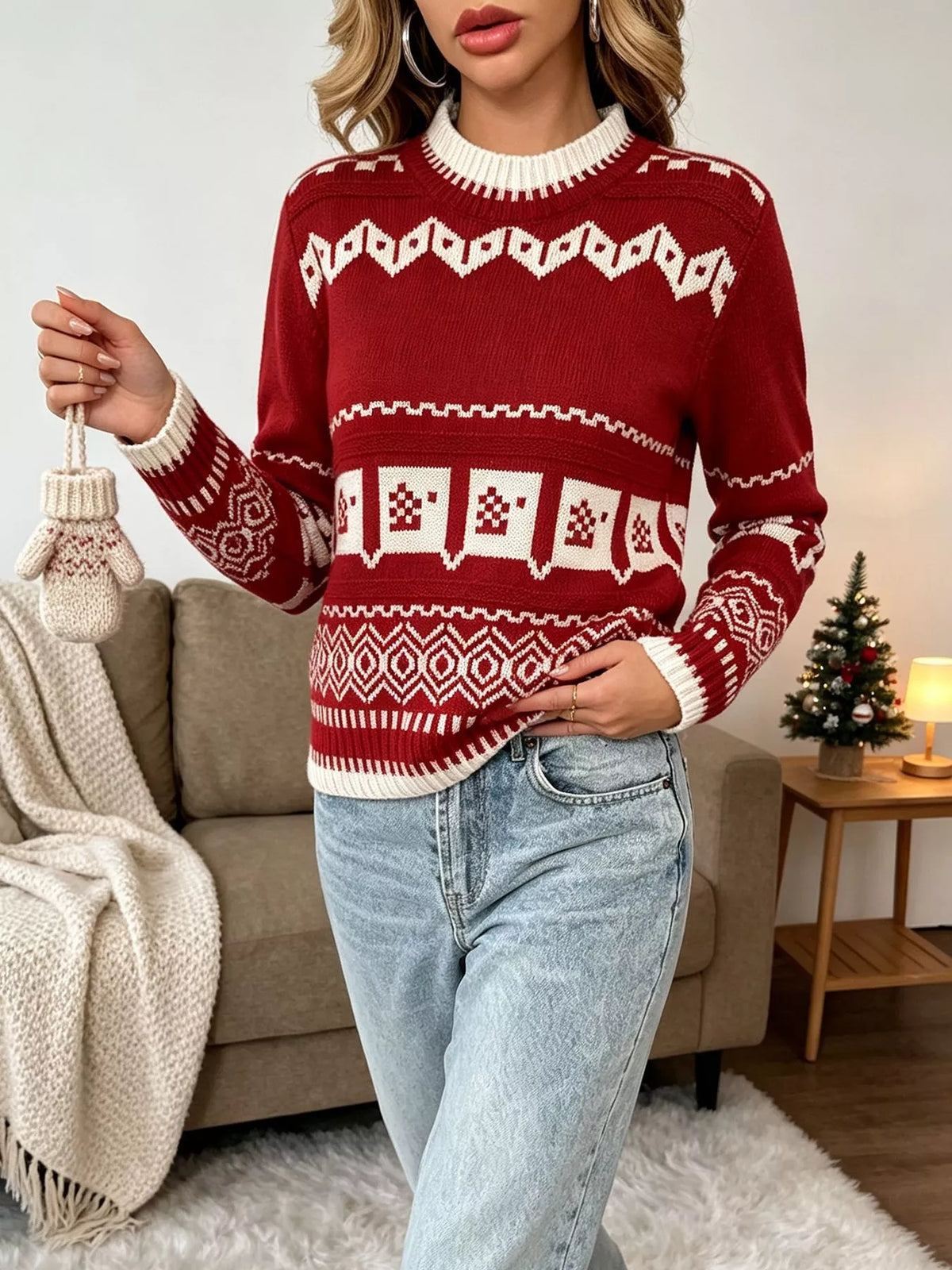 Christmas Festive Fair Isle Patterned Crew Neck Sweater, view 4