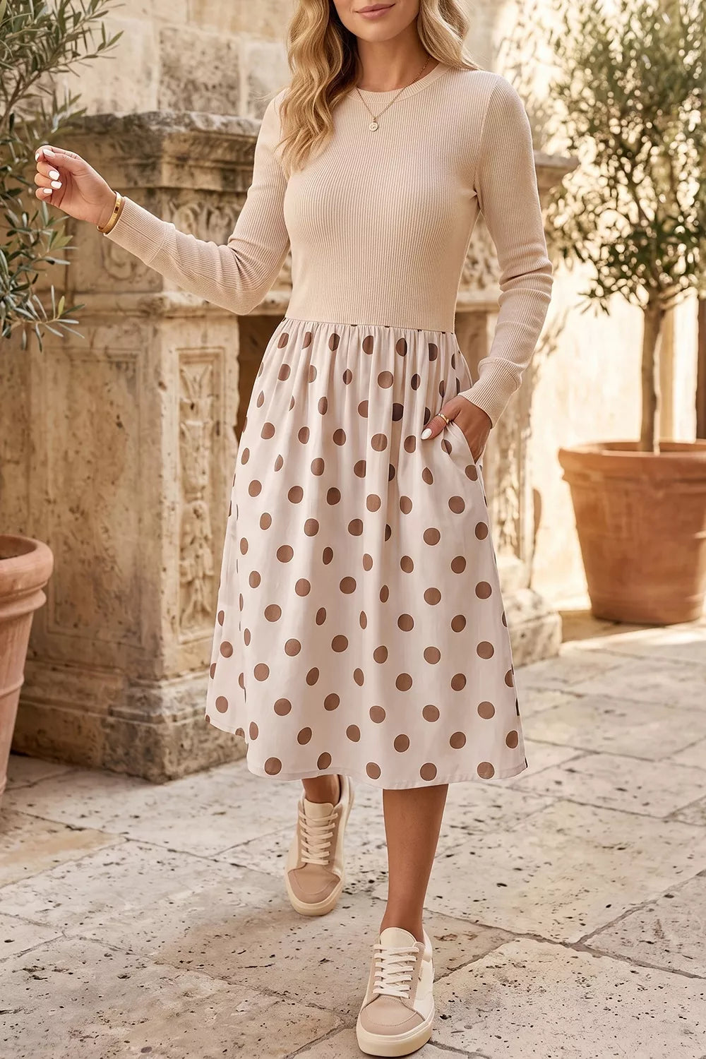 Polka Dot Midi Long Sleeve Dress in Beige