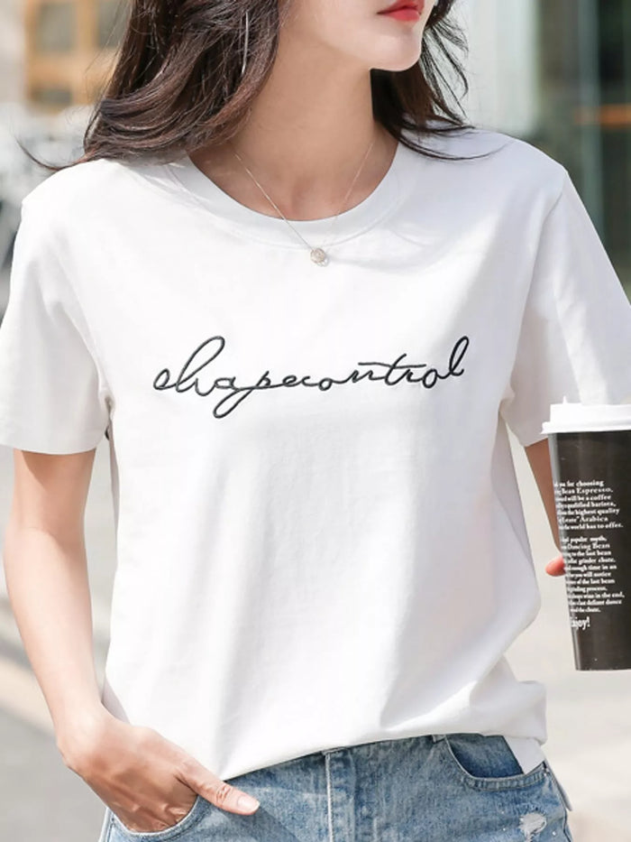Full Size Letter Embroidered Round Neck T-Shirt Plus Size in White