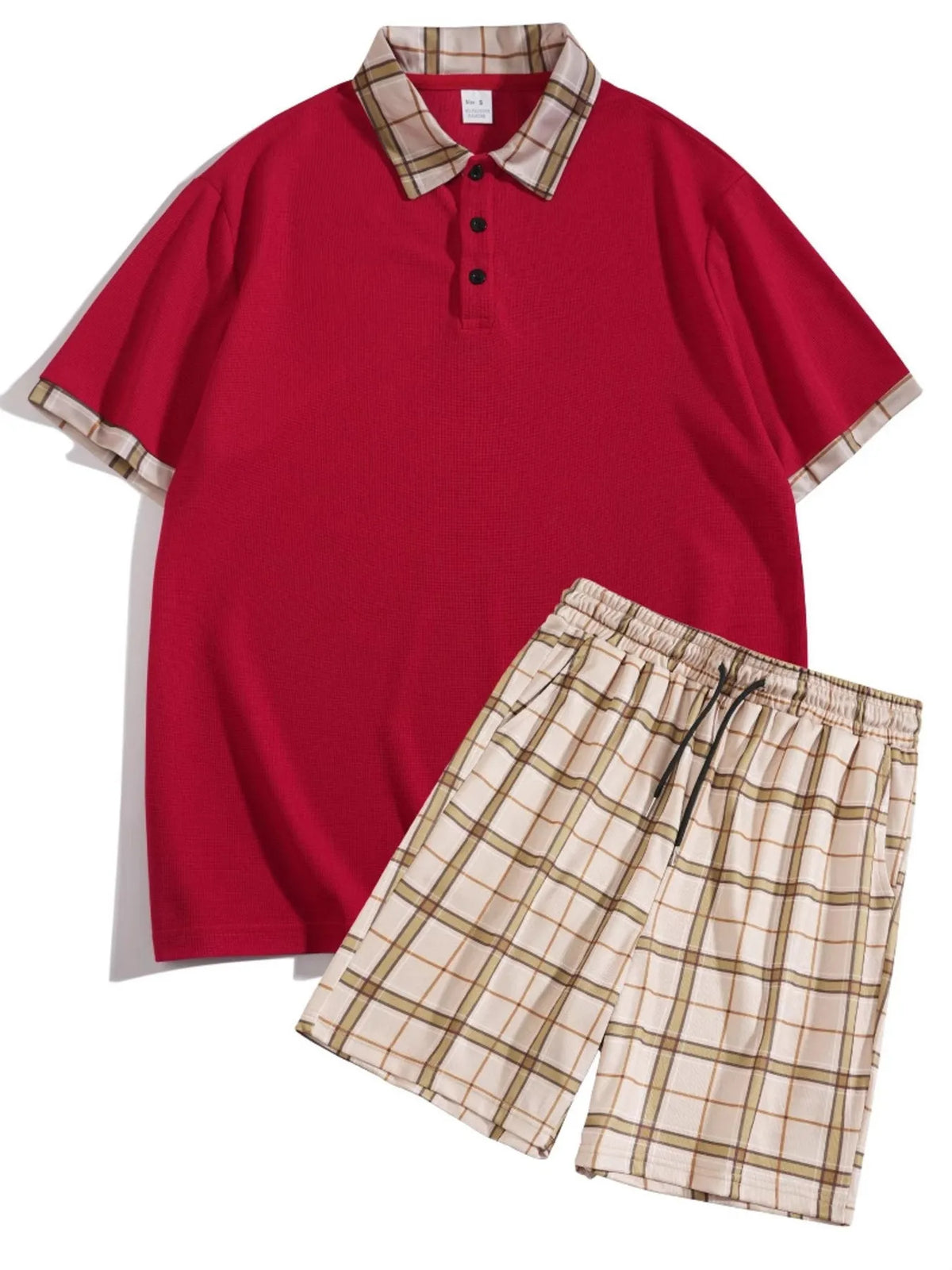 Men's Full Size Classic Plaid Collar Polo and Shorts Set Plus Size in Red