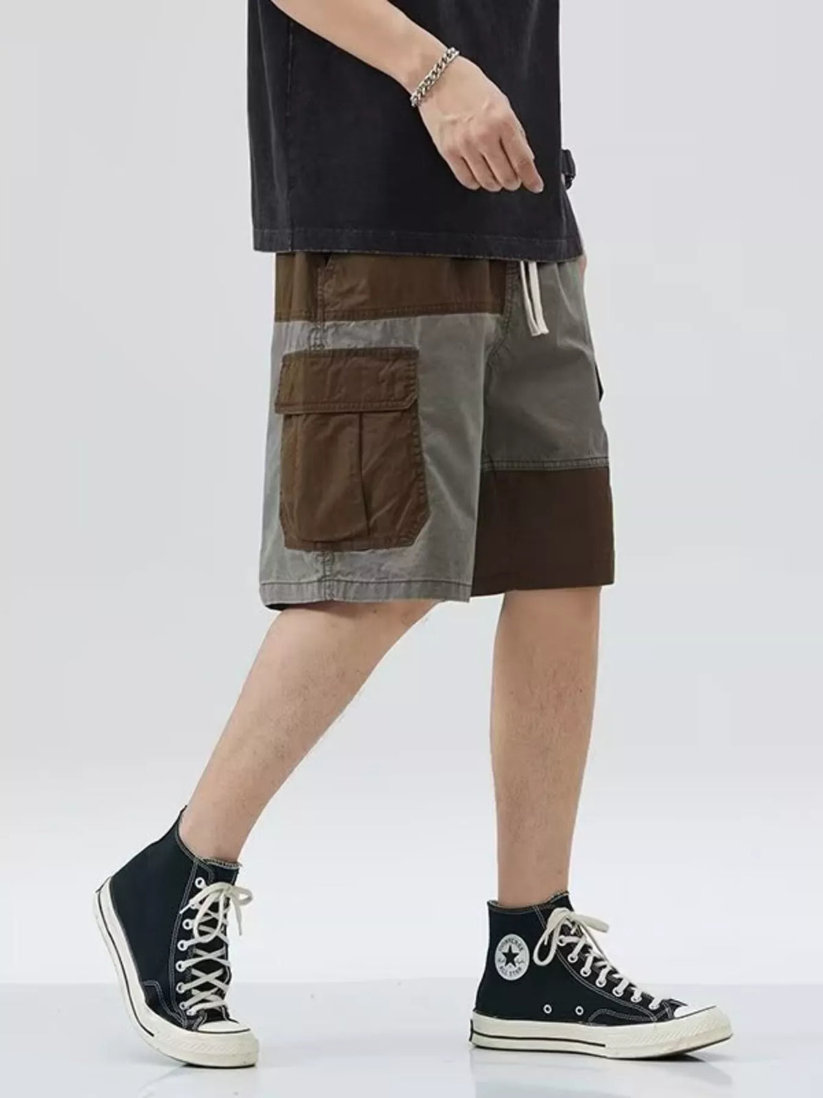 Men's Plus Size Two-Tone Cargo Shorts with Drawstring in Gray, view 3