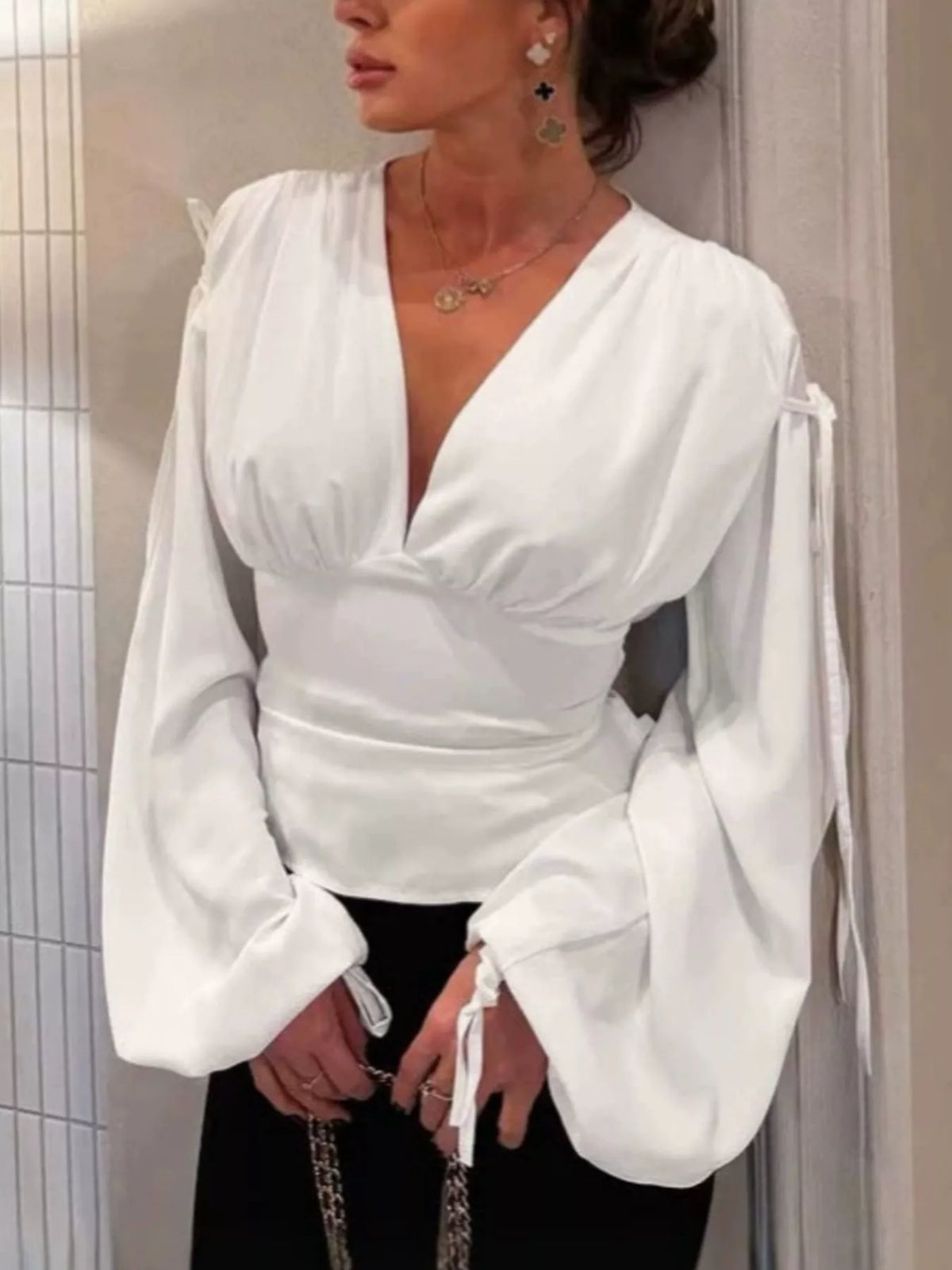 Tied V-Neck Balloon Sleeve Blouse in White, view 2