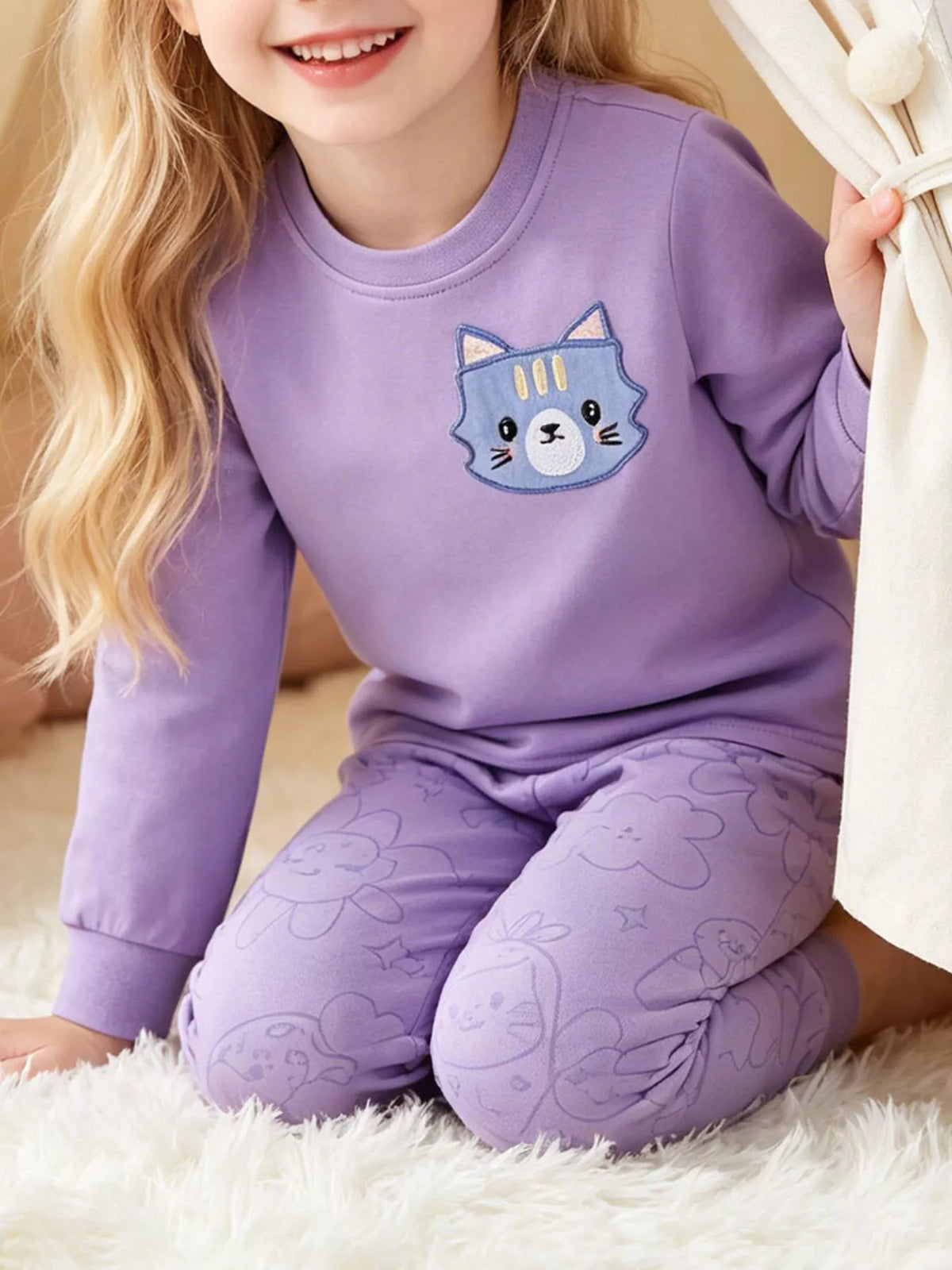 Children's Cat Round Neck Sweatshirt and Pants Set - Lilixa.store