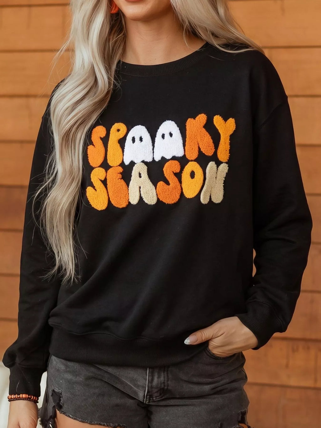Embroidered Spooky Season Long Sleeve Round Neck Sweatshirt - Lilixa.store