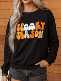 Embroidered Spooky Season Long Sleeve Round Neck Sweatshirt - Lilixa.store