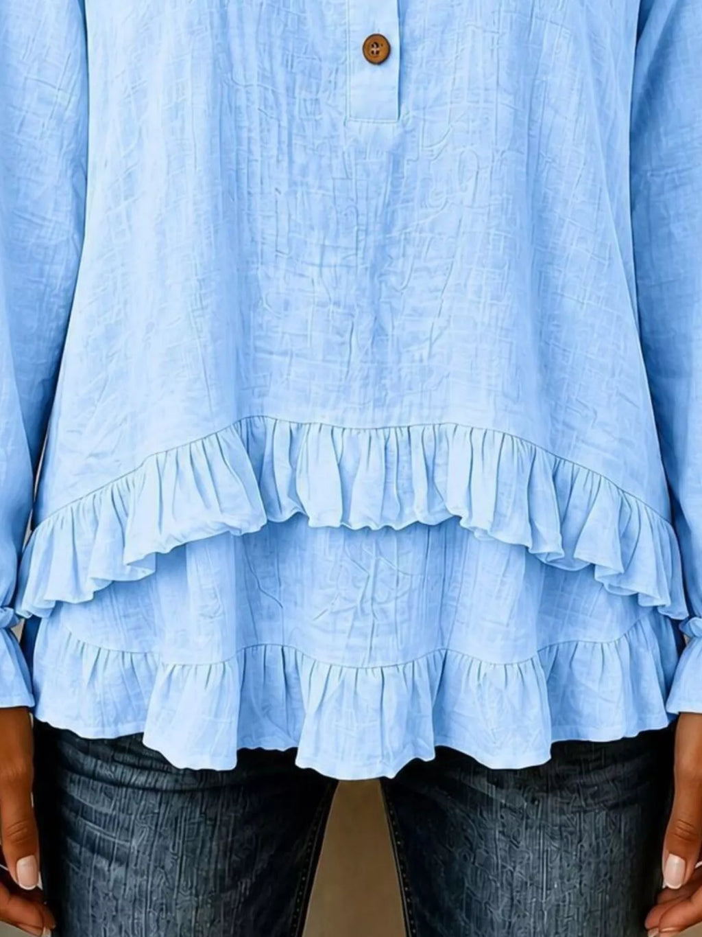 V-Neck Long Sleeve Button Detail Ruffled Hem Blouse - Lilixa.store