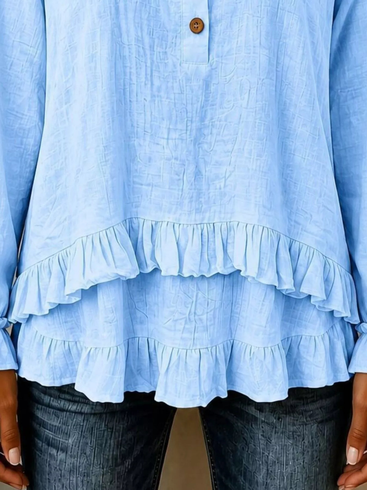 V-Neck Long Sleeve Button Detail Ruffled Hem Blouse - Lilixa.store
