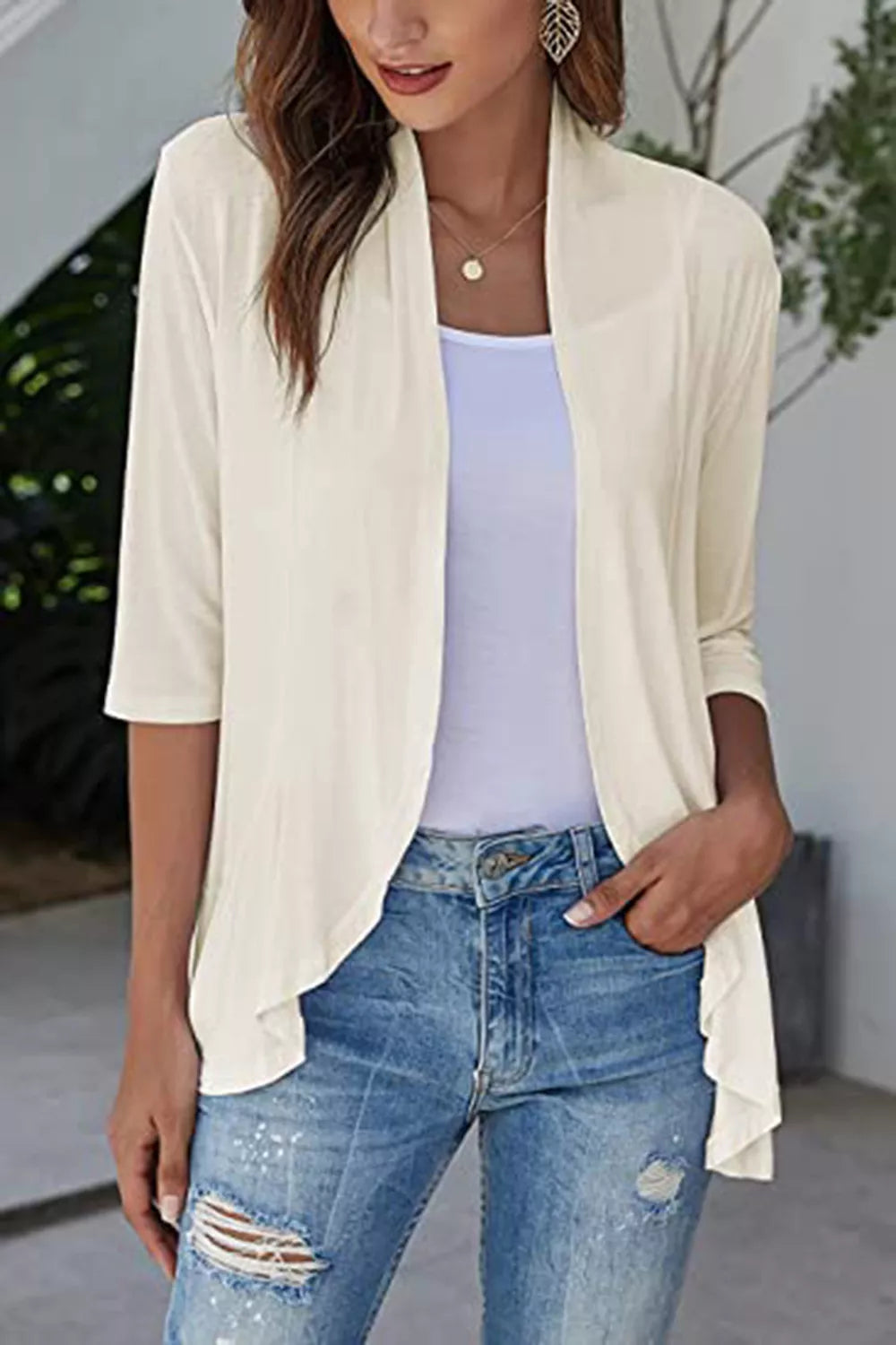 Open Front Three-Quarter Sleeve Cardigan in Cream