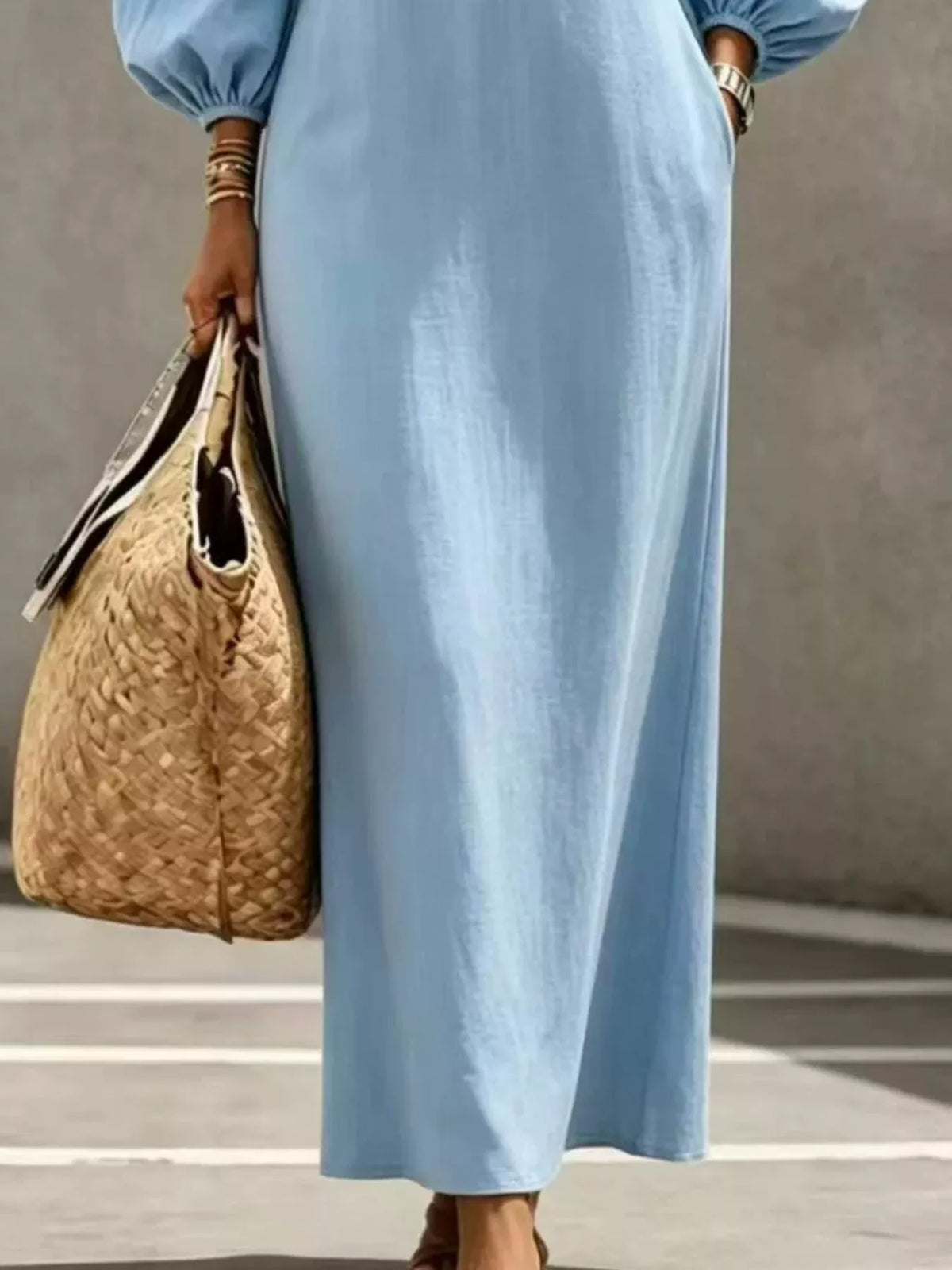 Decorative Button Balloon Sleeve Maxi Dress - Lilixa.store
