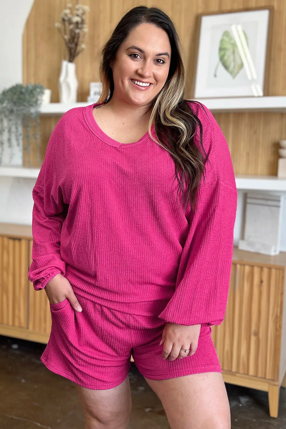 Double Take Full Size Texture V-Neck Long Sleeve T-Shirt and Shorts Set, view 3