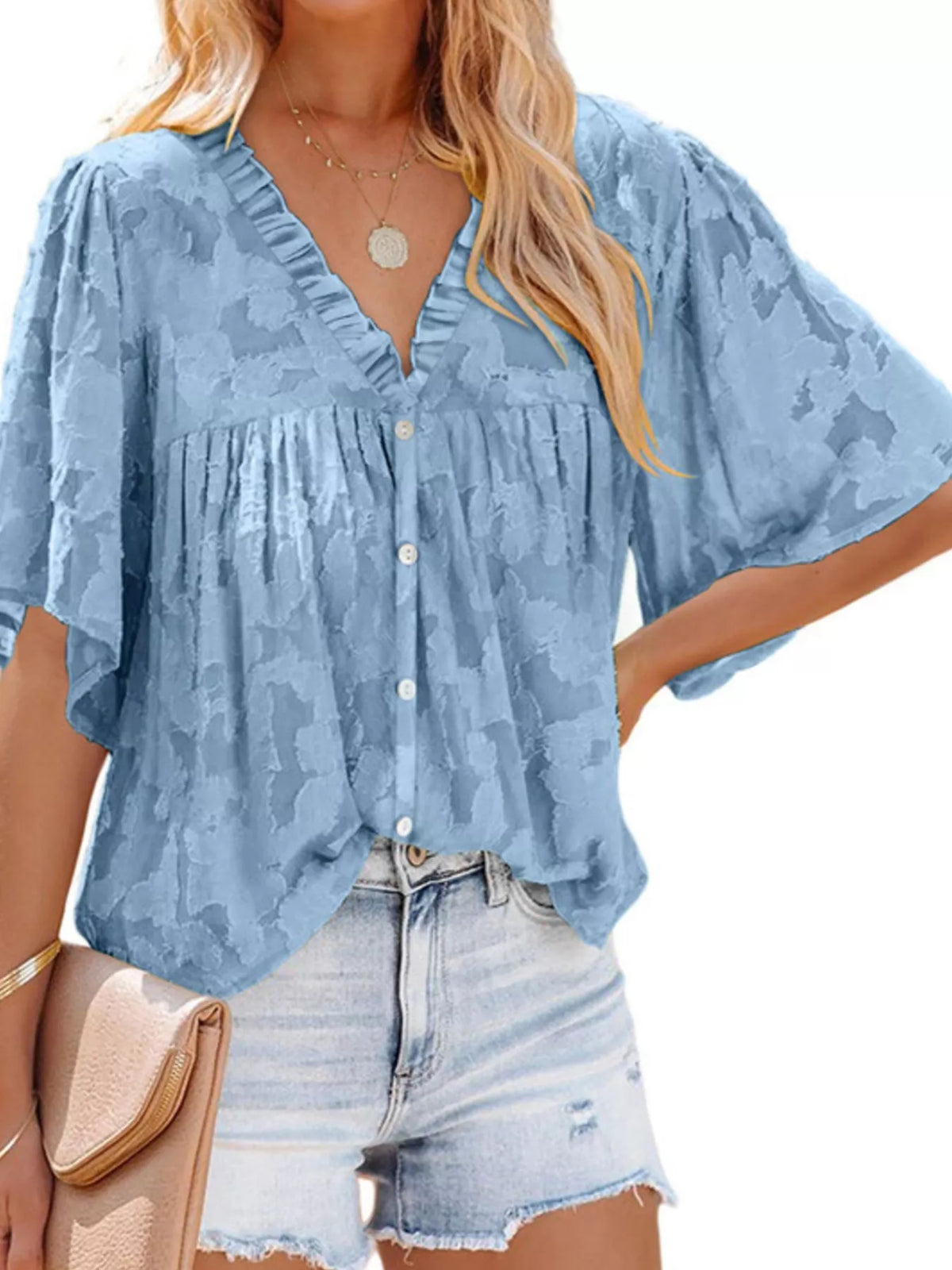 Full Size Textured V-Neck Button-Down Shirt Plus Size - Lilixa.store