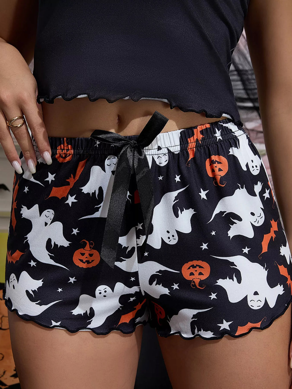 Halloween Ghost and Pumpkin Print Lettuce Trim Cami and Shorts Set - Lilixa.store