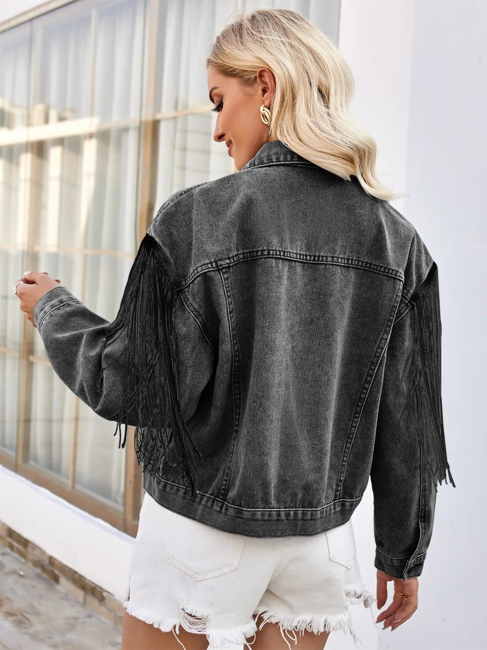 Tassel Button Up Dropped Shoulder Denim Jacket in Black, view 10