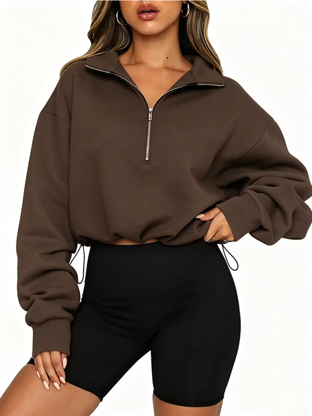 Half Zip Drawstring Hem Sweatshirt - Lilixa.store