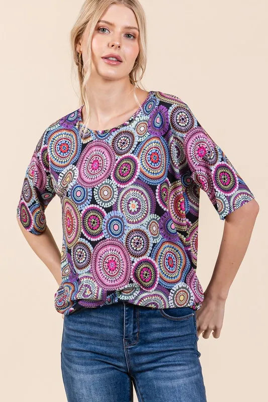 BOMBOM Printed Round Neck Half Sleeve Top - Lilixa.store