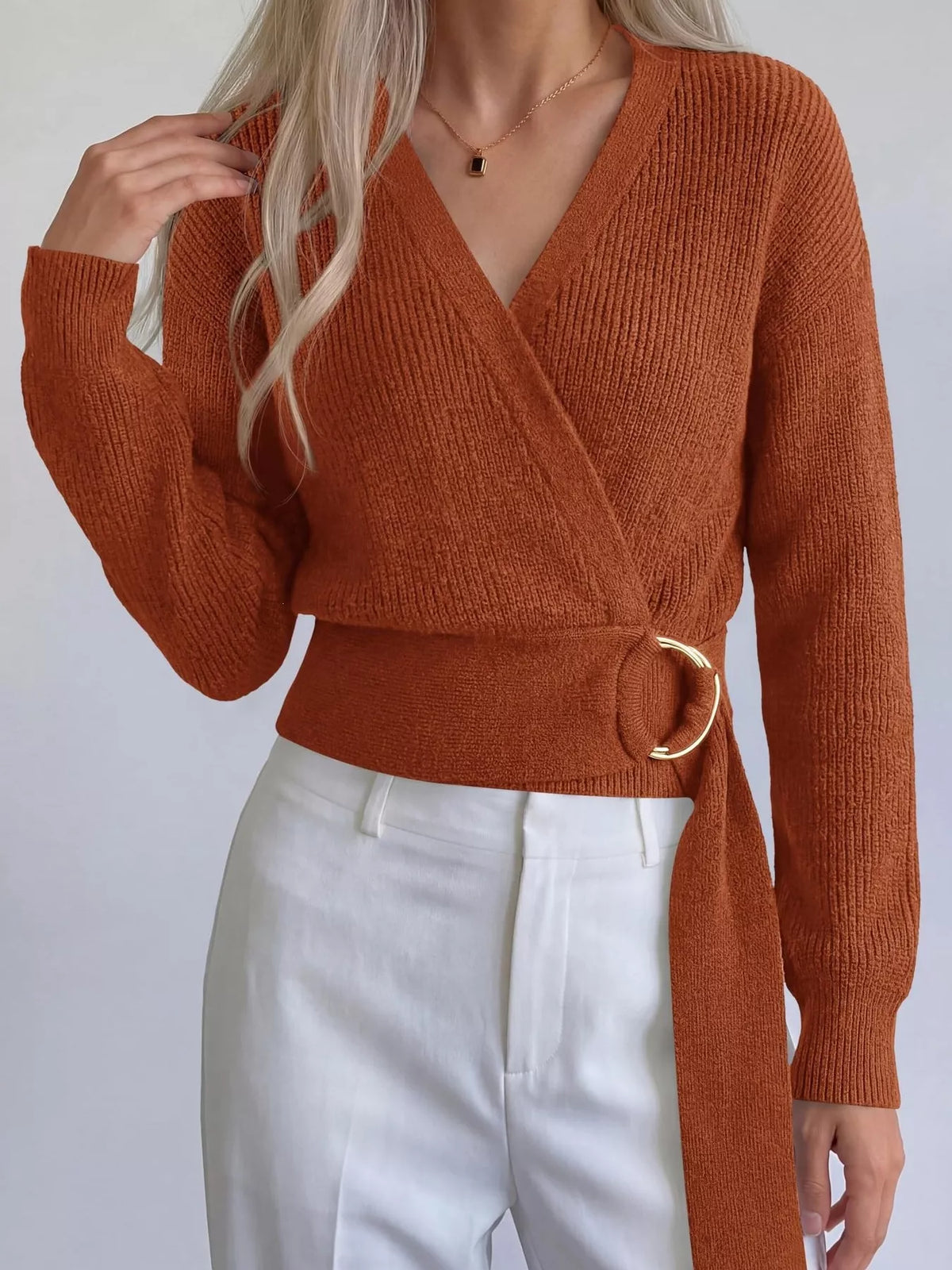 Metal Ring Detail Dropped Shoulder Sweater - Lilixa.store