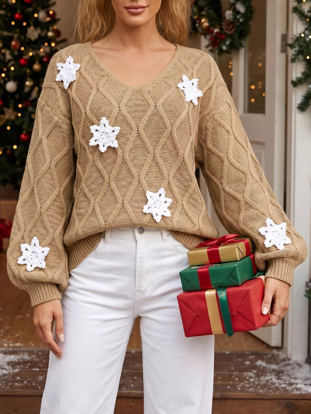 Snowflake Textured V-Neck Sweater - Lilixa.store