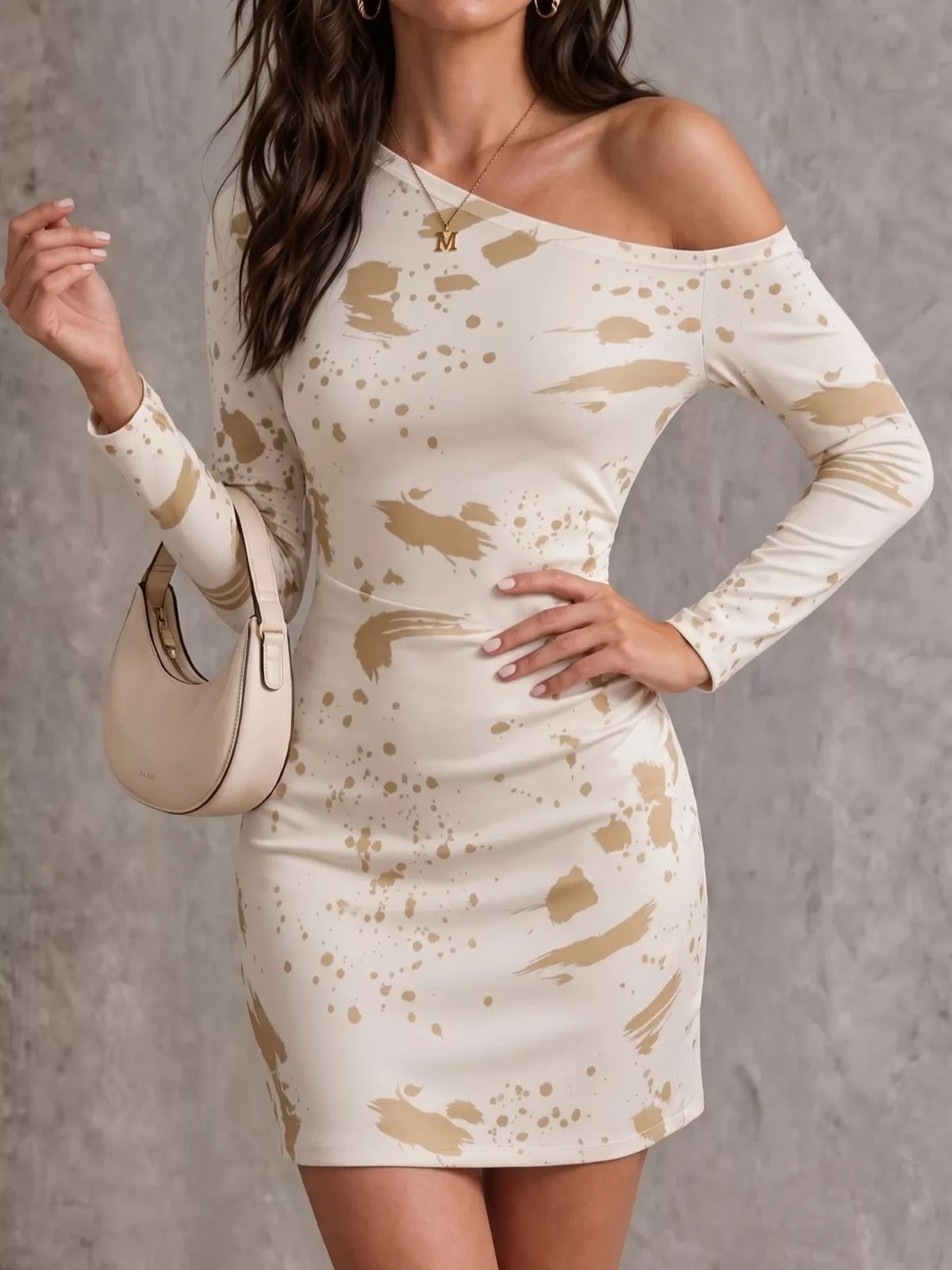 One-Shoulder Long Sleeve Paint Splatter Bodycon Mini Dress - Lilixa.store