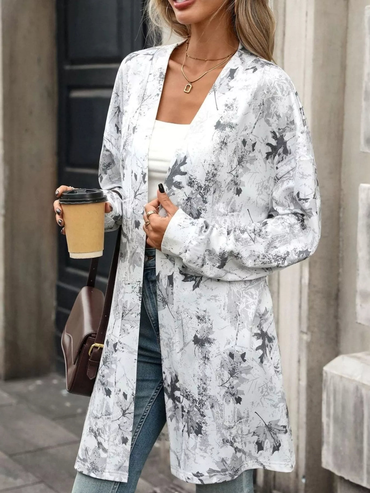 Printed Open Front Cardigan - Lilixa.store