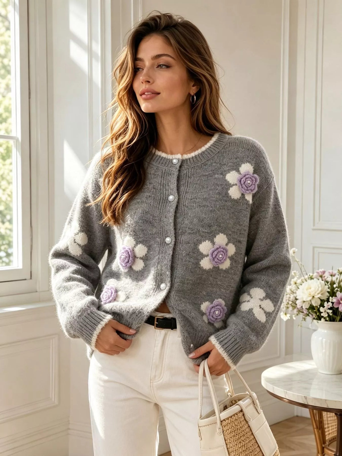 Floral Applique Button-Down Knit Cardigan, view 15