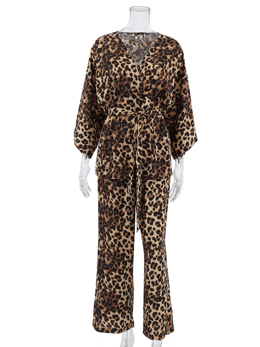 Leopard Cardigan and Wide Leg Pants Lounge Set - Lilixa.store