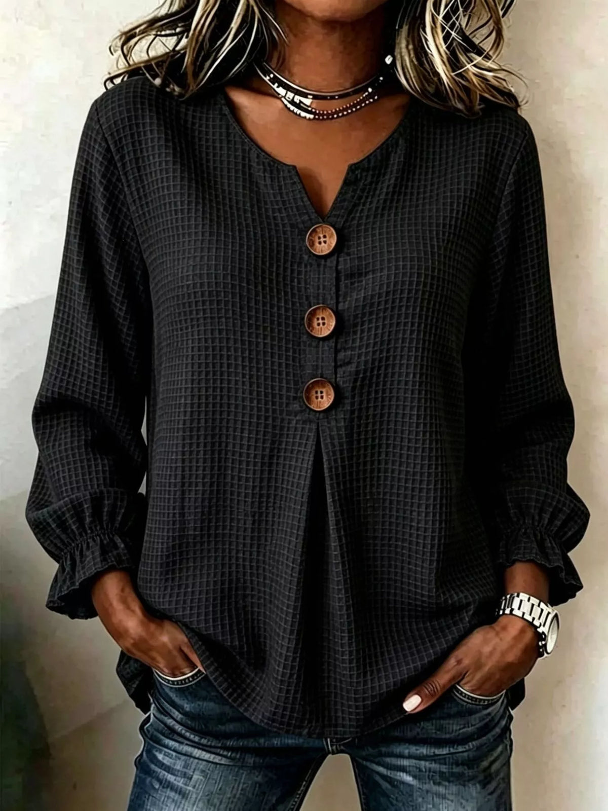 Waffle Knit Flounce Sleeve Top - Lilixa.store